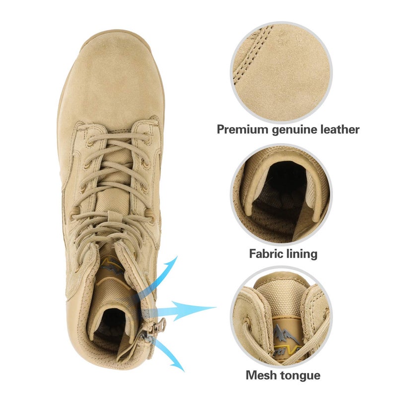 NORTIV 8 Mens Military Tactical Work Boots Hiking Side Zip Leather Outdoor Motorcycle Combat Boots Response,Size 10.5,Sand - Image 4